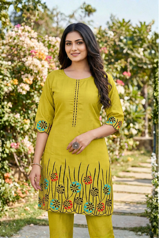 Bright Yellow Top and Pant Matching Set with Floral Embroidery
