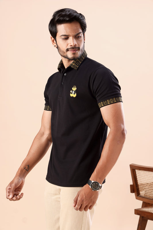 Premium Black Gold-Tipped Polo T-Shirt with Bear Embroidery