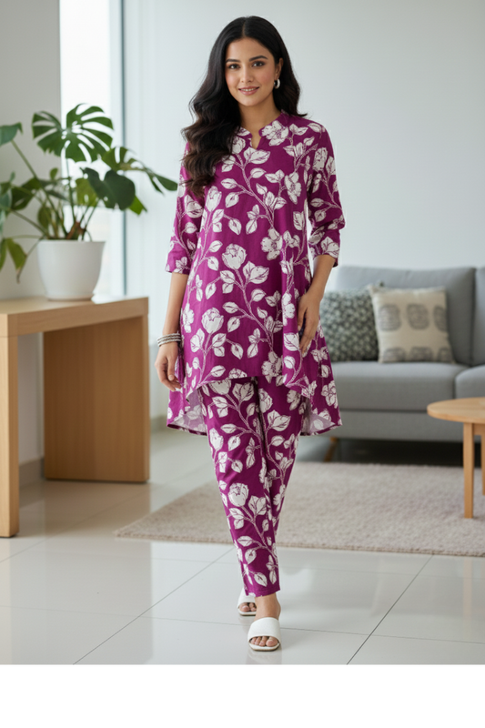 C-CUT Style Co-ord Set in Deep Wine Print