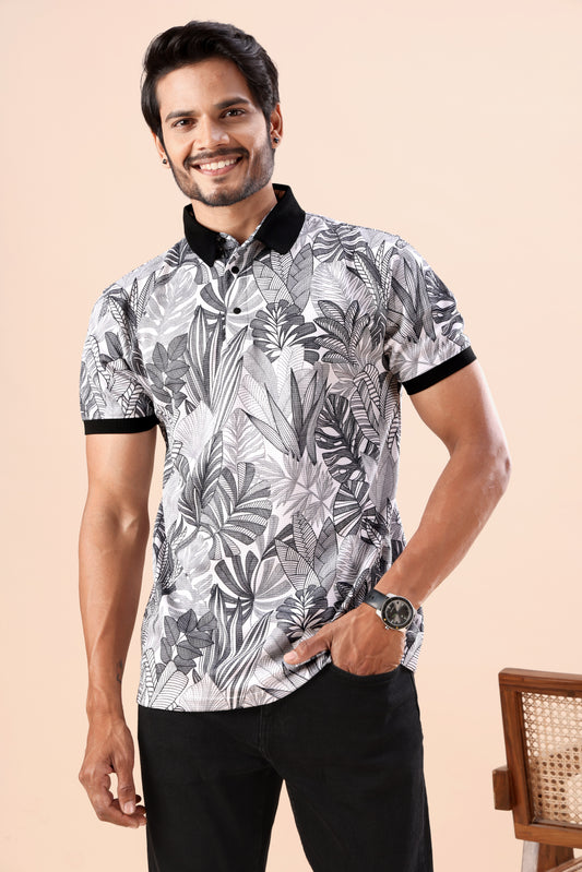 Men's Tropical Leaf Print Polo Tshirt: Bold Style for Every Outing
