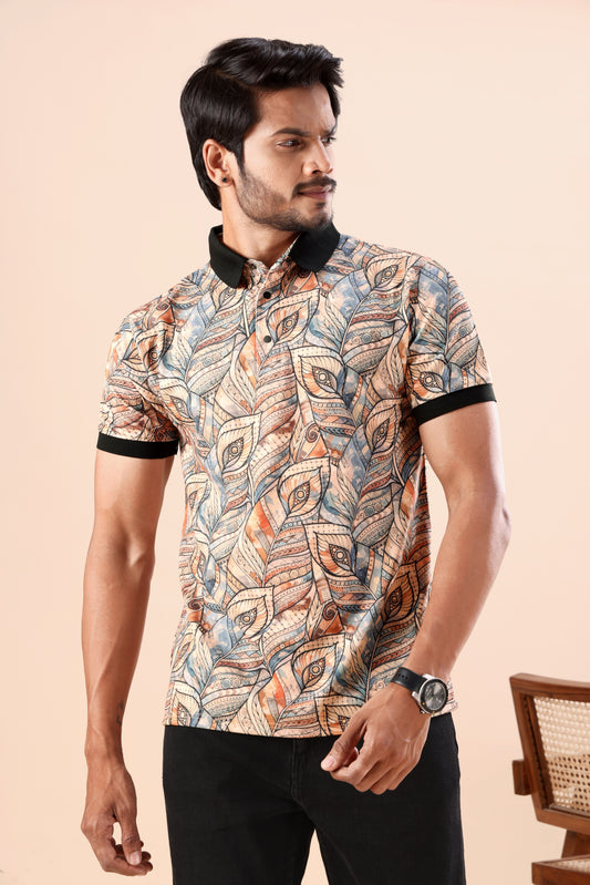 Men's Feather Print Polo Tshirt: Stylish Choice for Weekend Trips