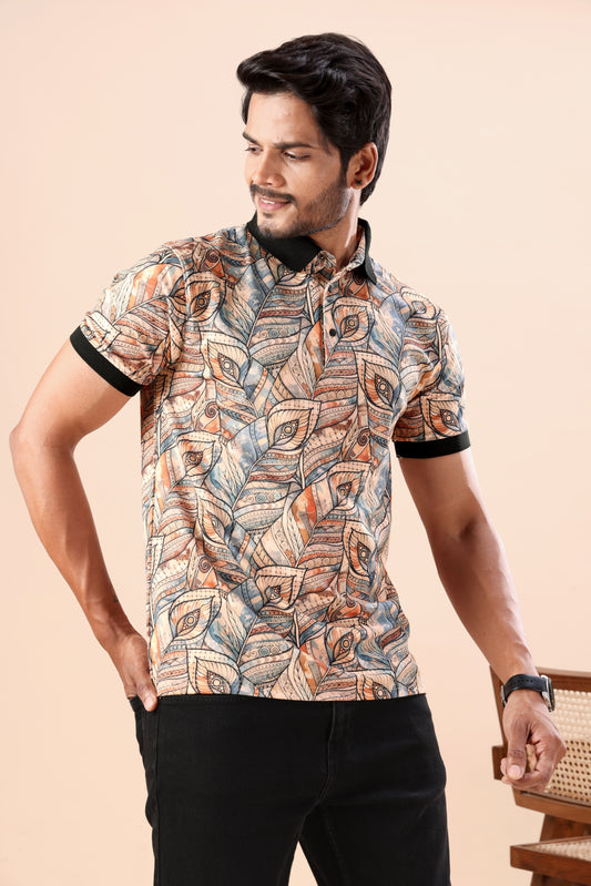 Men's Feather Print Polo Tshirt: Stylish Choice for Weekend Trips