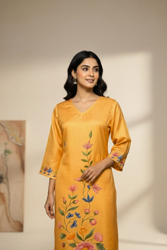 Orange Floral Soft Glass Satin Daily Wear Set