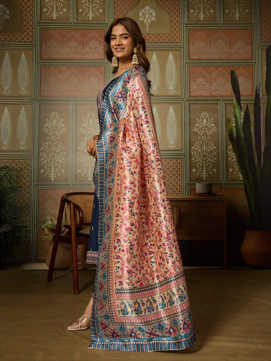 Cotton Blend Navy Blue Suit Set with Detailed Neck Embroidery
