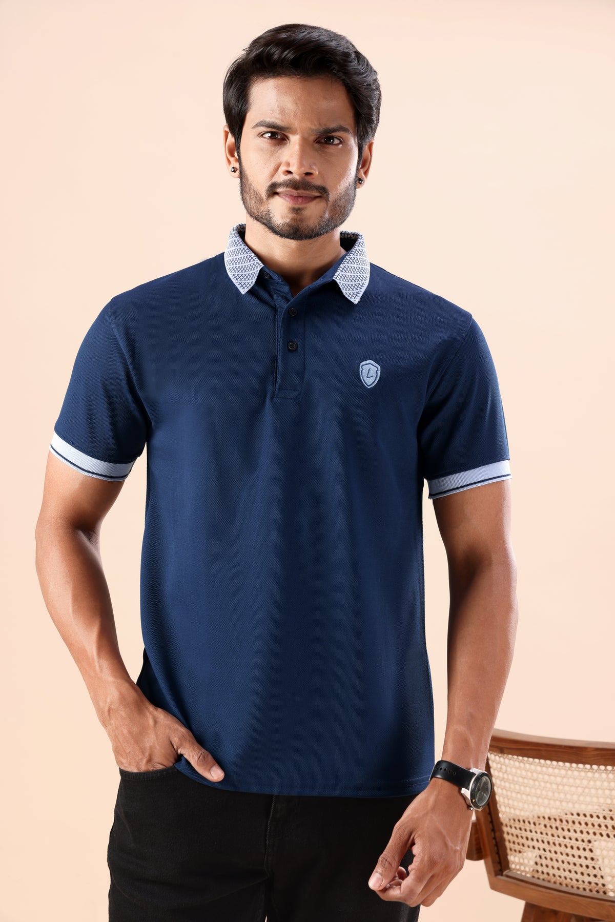 Men's Midnight Blue Patterned Polo Tshirt: Modern Style & Breathability