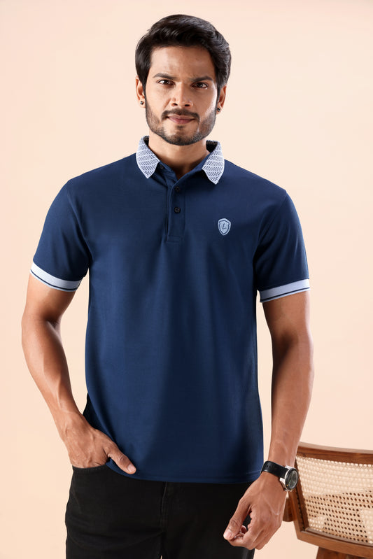 Men's Midnight Blue Patterned Polo Tshirt: Modern Style & Breathability
