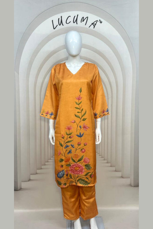 Orange Floral Soft Glass Satin Daily Wear Set