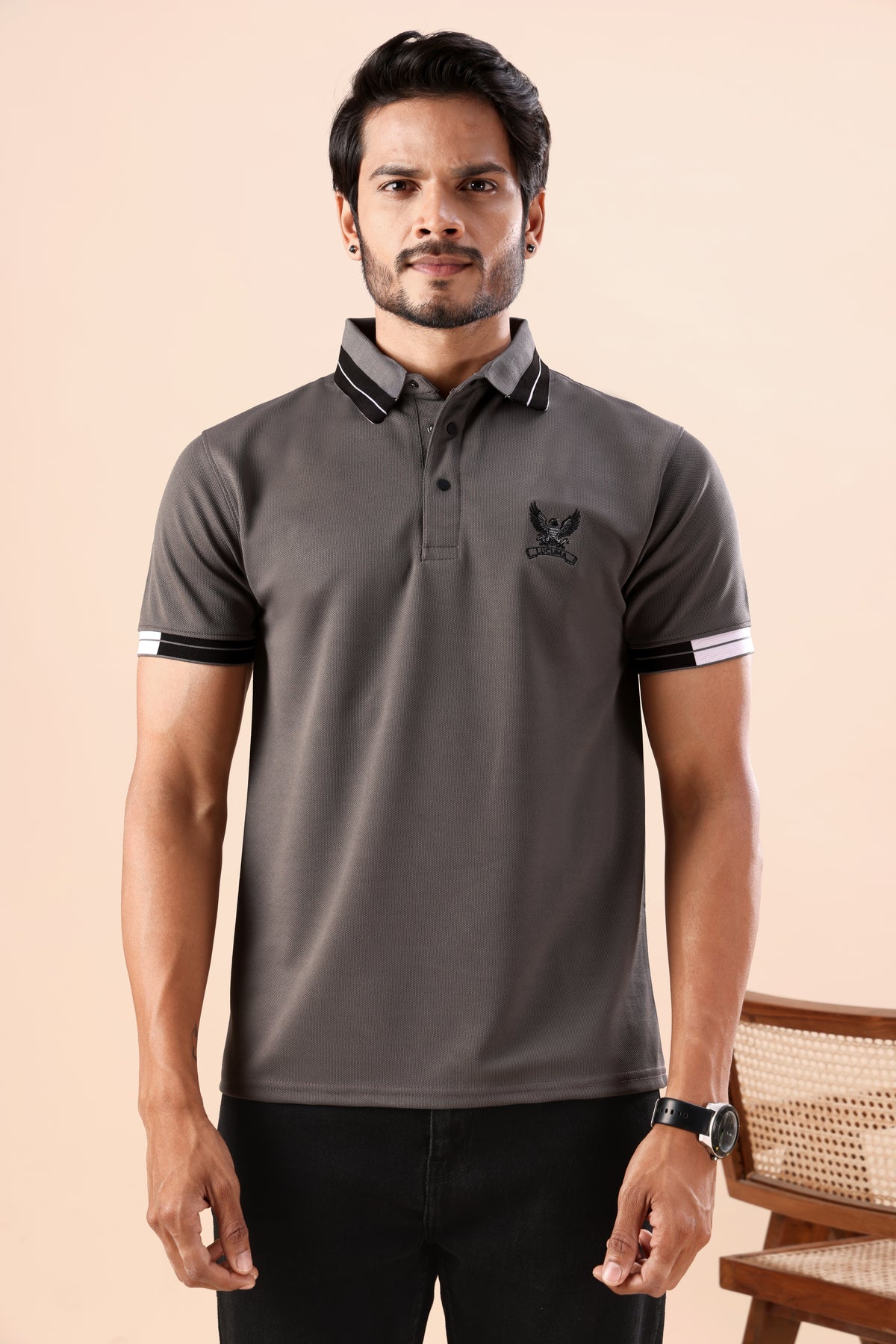 Charcoal Grey Micro-Textured Polo Tshirt