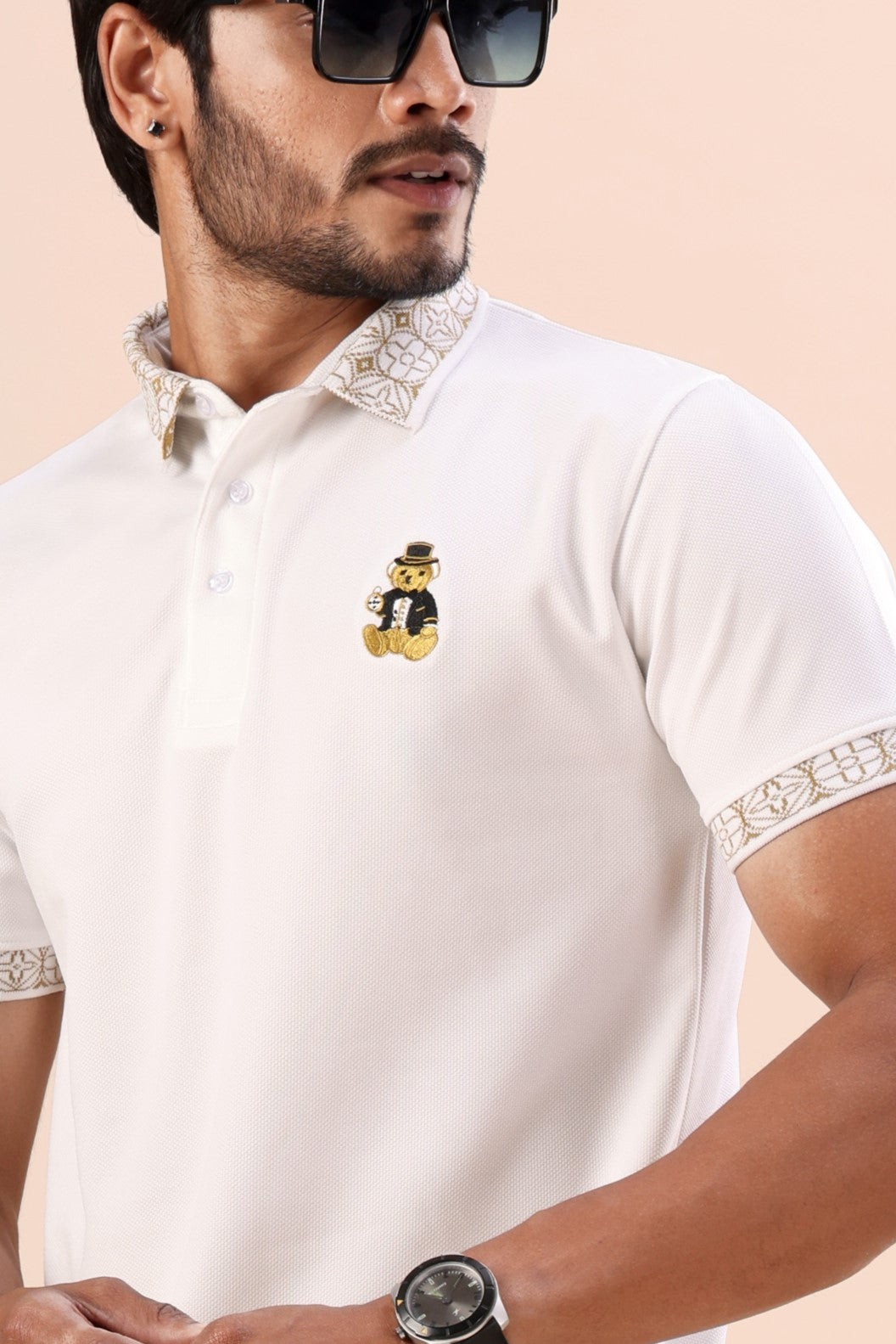 Premium White Gold-Tipped Polo T-Shirt with Bear Embroidery