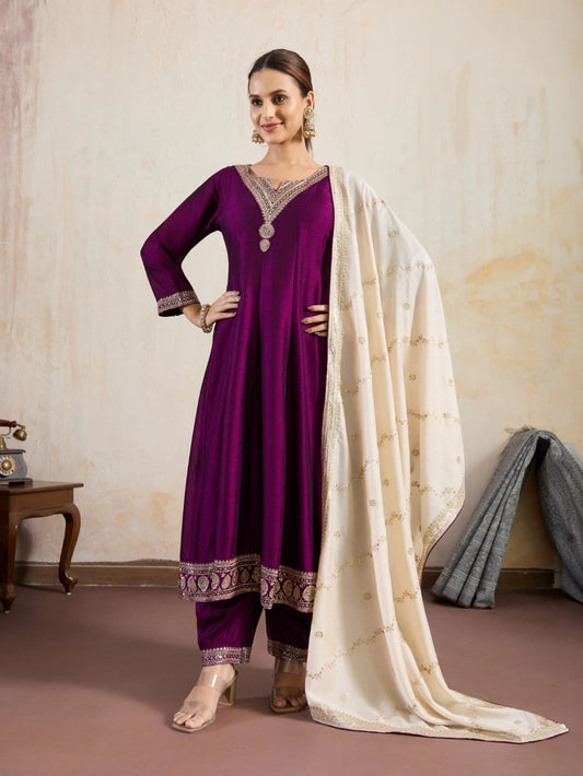 Full-Length Anarkali Suit Set with Contrast Dupatta