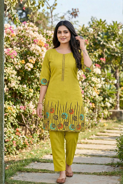 Bright Yellow Top and Pant Matching Set with Floral Embroidery