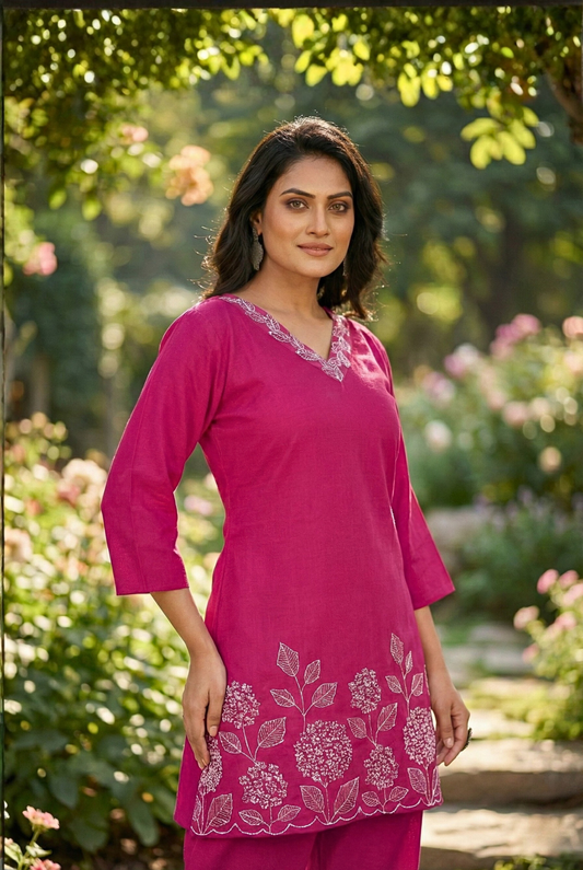 Short Top and Pant Set with Elegant White Threadwork