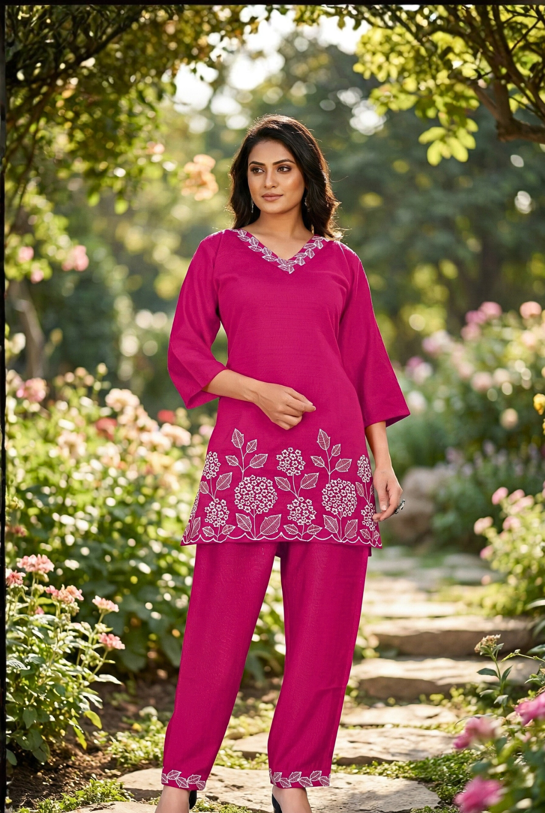 Short Top and Pant Set with Elegant White Threadwork