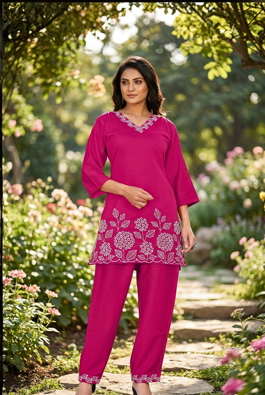 Short Top and Pant Set with Elegant White Threadwork