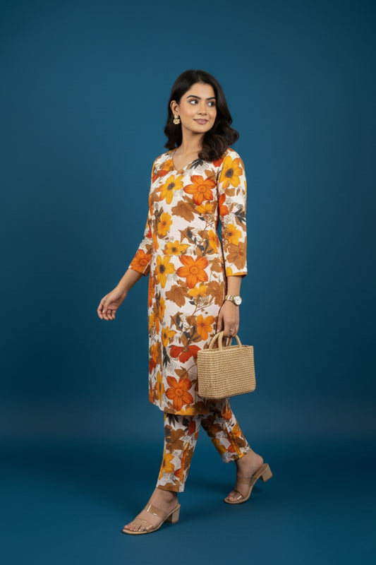 Autumn Bloom: Pure Cotton Floral Kurti & Pant Set