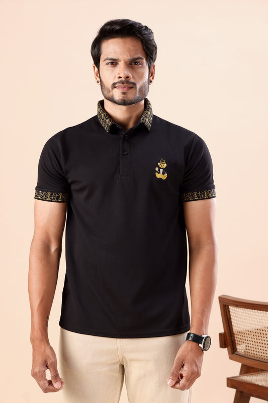 Premium Black Gold-Tipped Polo T-Shirt with Bear Embroidery