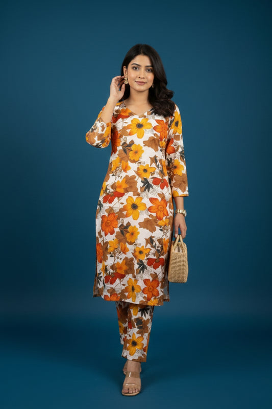 Autumn Bloom: Pure Cotton Floral Kurti & Pant Set