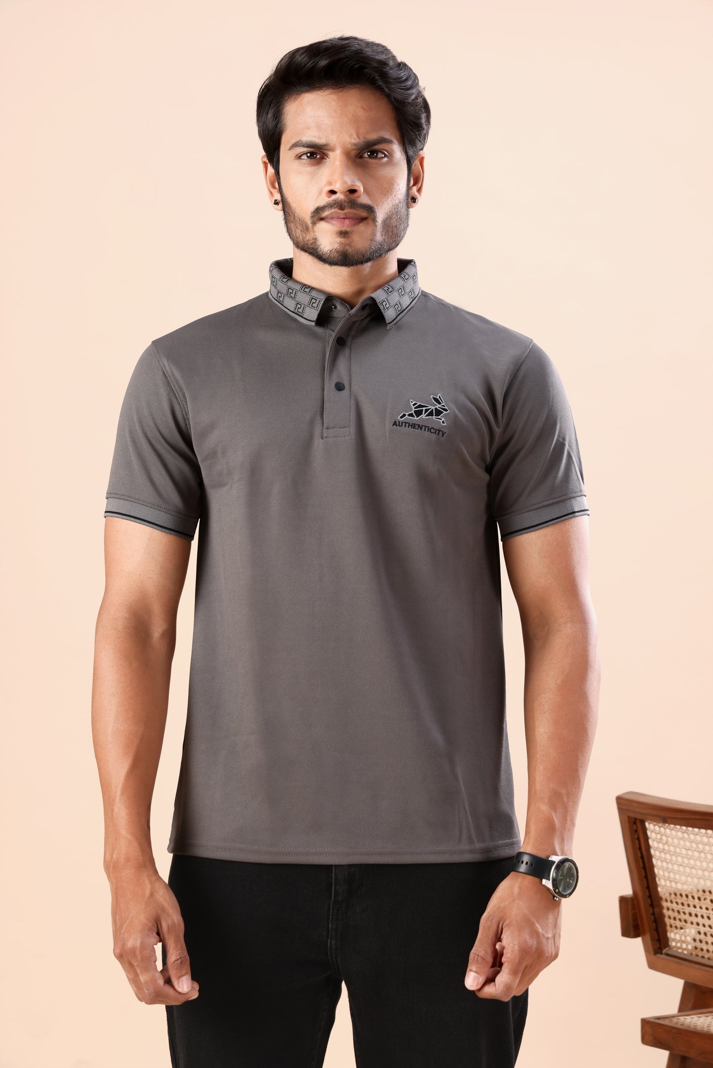 Men's Charcoal Grey Textured Polo Tshirt: Perfect for Daily Wear & Casual Outings