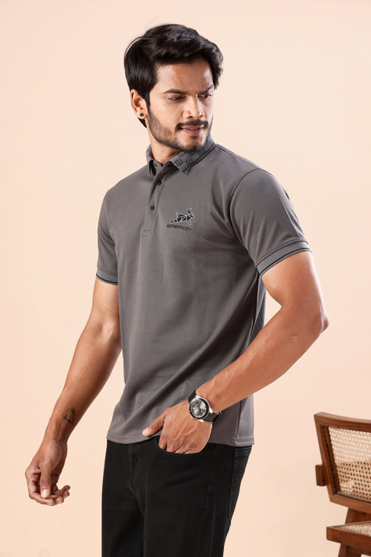Men's Charcoal Grey Textured Polo Tshirt: Perfect for Daily Wear & Casual Outings