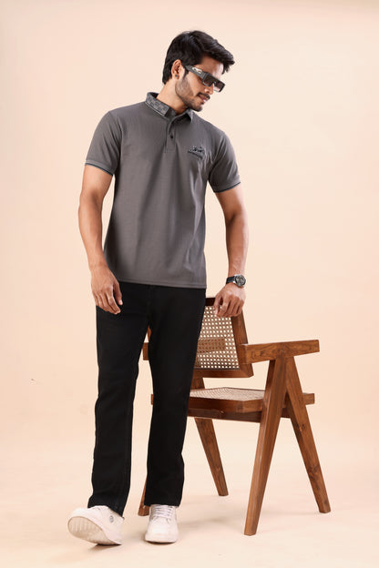 Men's Charcoal Grey Textured Polo Tshirt: Perfect for Daily Wear & Casual Outings