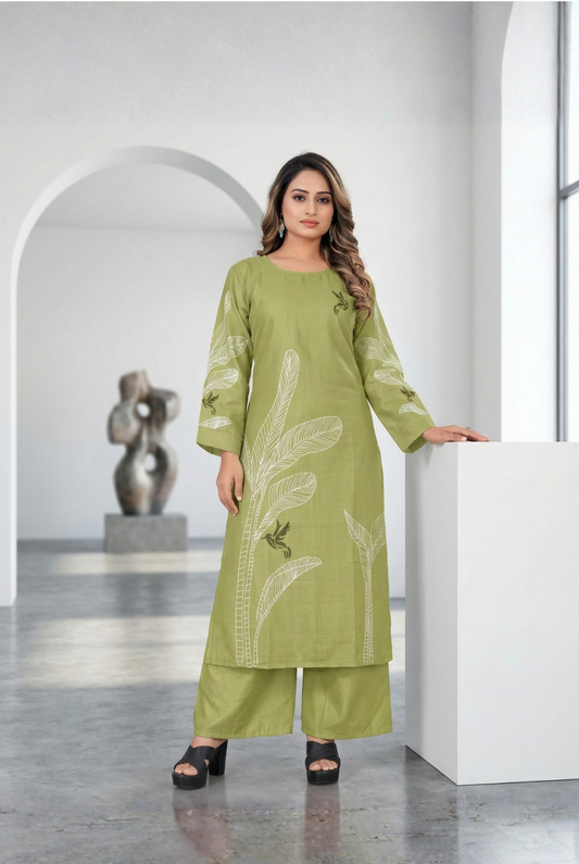 Light Green Cotton Blend Kurti and Pant Set with  Printed