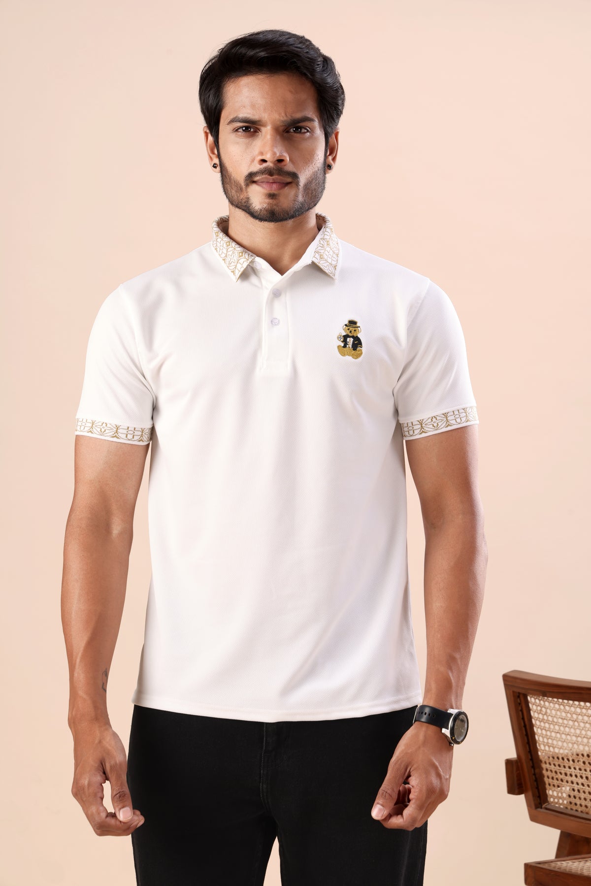 Premium White Gold-Tipped Polo T-Shirt with Bear Embroidery