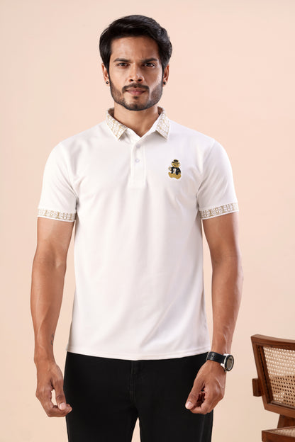 Premium White Gold-Tipped Polo T-Shirt with Bear Embroidery