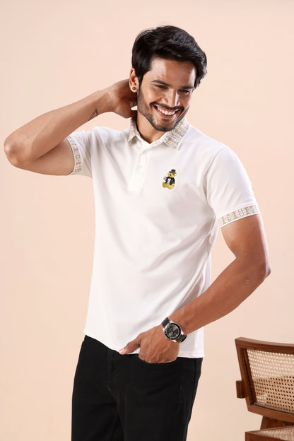 Premium White Gold-Tipped Polo T-Shirt with Bear Embroidery