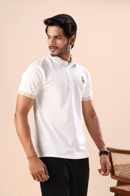Premium White Gold-Tipped Polo T-Shirt with Bear Embroidery