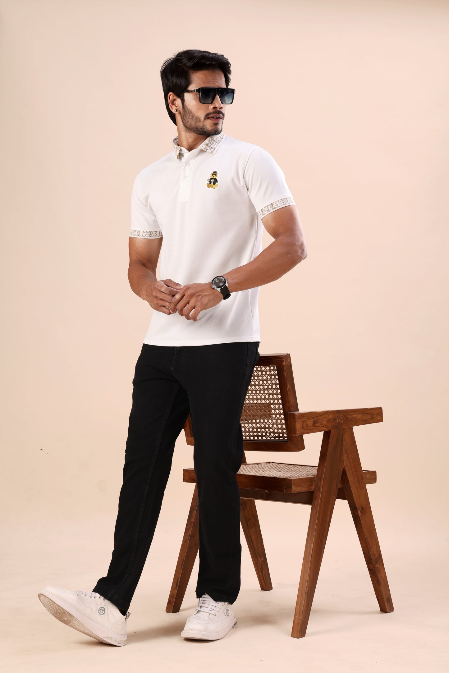 Premium White Gold-Tipped Polo T-Shirt with Bear Embroidery