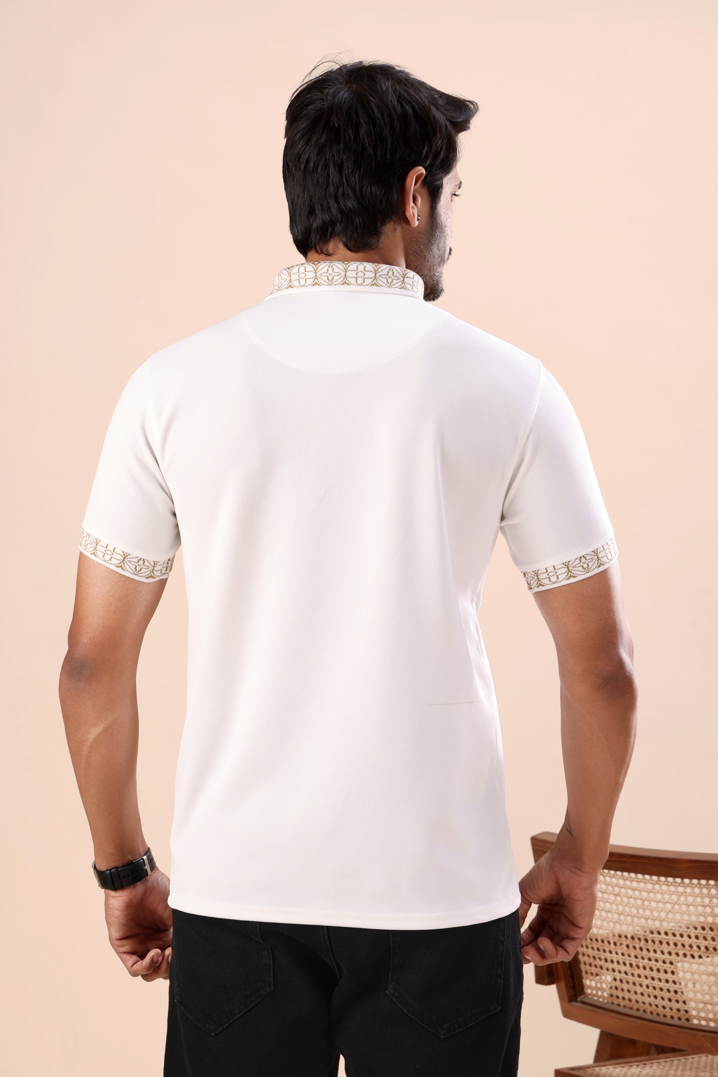 Premium White Gold-Tipped Polo T-Shirt with Bear Embroidery
