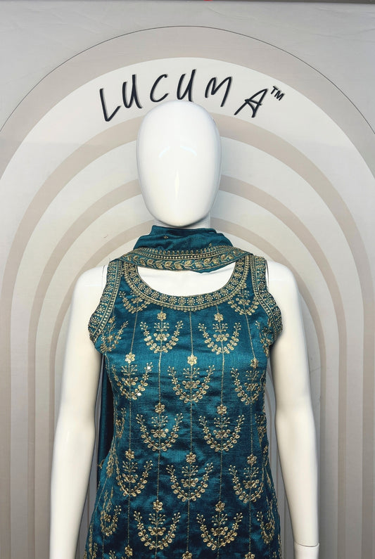 Gorgeous Sea Green Silk Spaghetti Sharara Suit