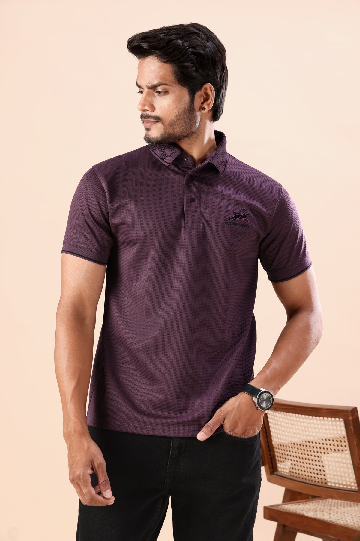 Men's Deep Wine Textured Polo Tshirt: Perfect for Daily Wear & Casual Outings