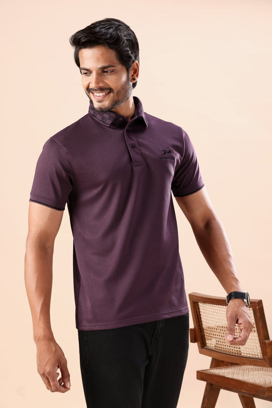 Men's Deep Wine Textured Polo Tshirt: Perfect for Daily Wear & Casual Outings