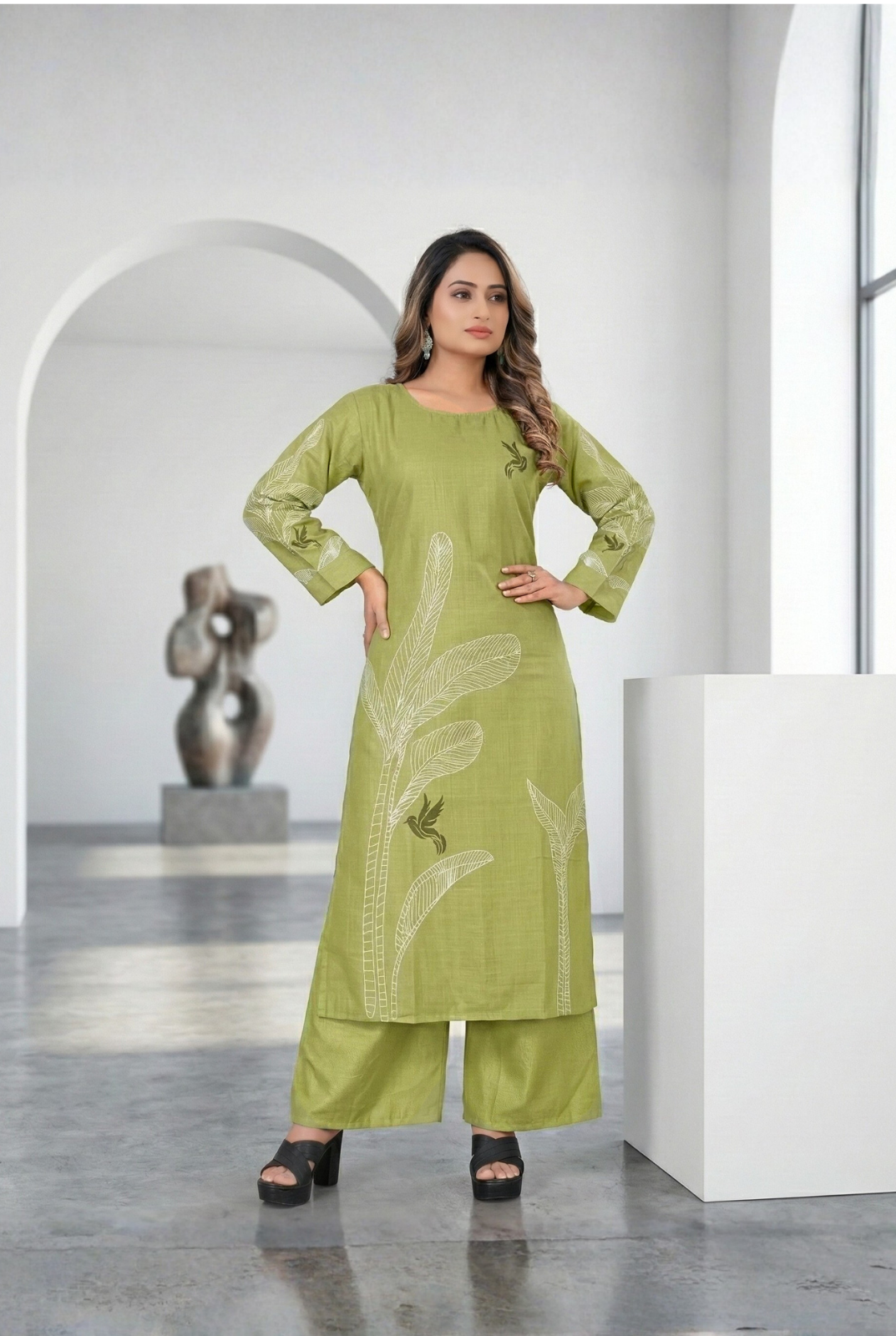 Light Green Cotton Blend Kurti and Pant Set with  Printed