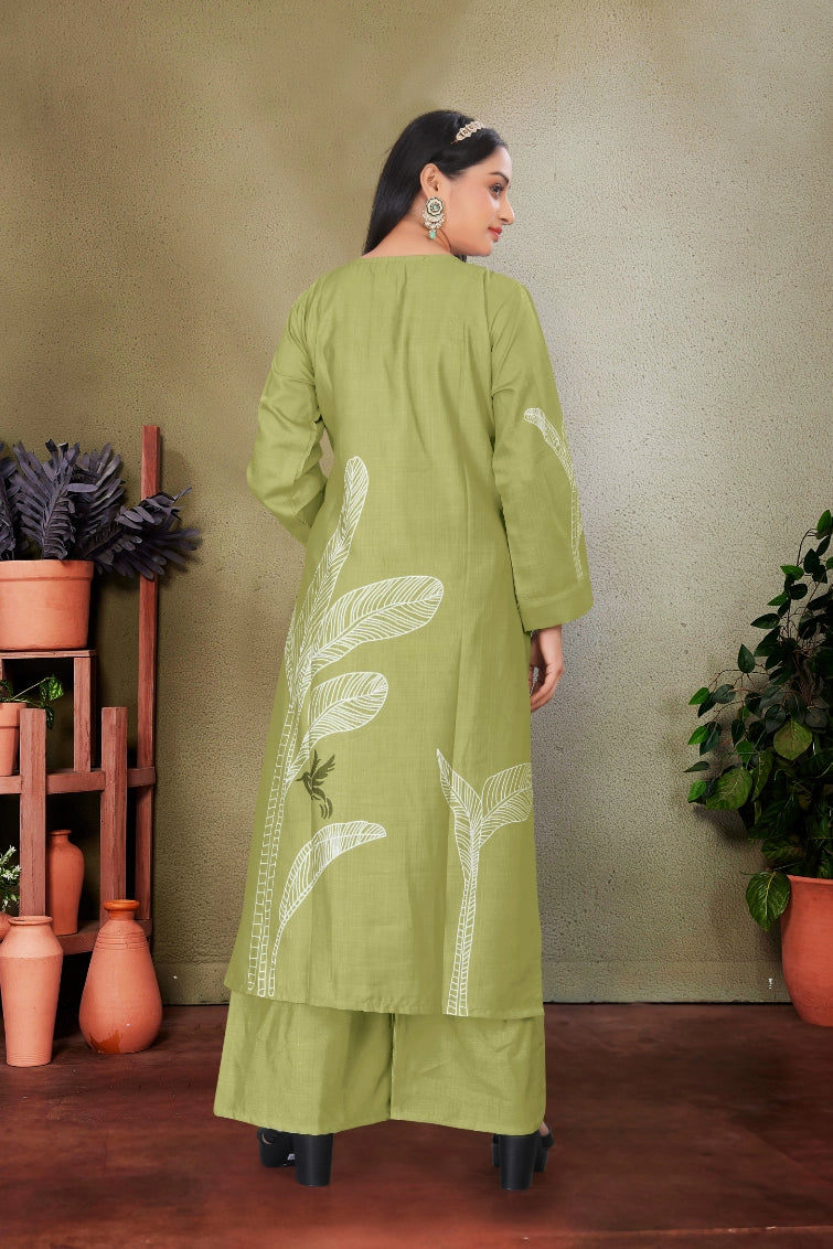 Light Green Cotton Blend Kurti and Pant Set with  Printed