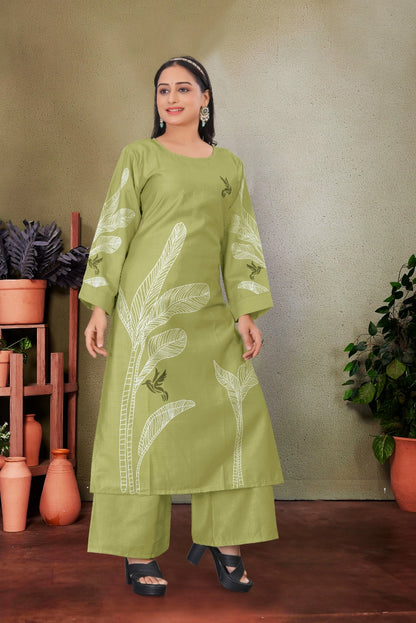 Light Green Cotton Blend Kurti and Pant Set with  Printed