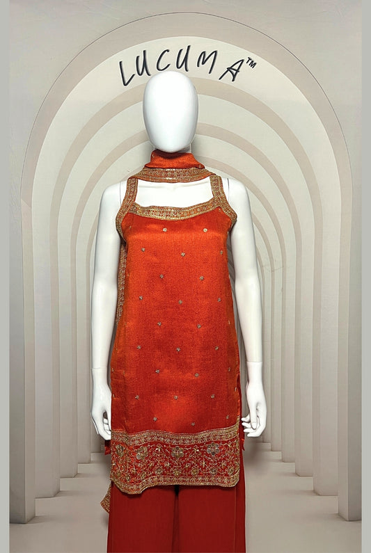 Gorgeous Orange Silk Spaghetti Sharara Suit