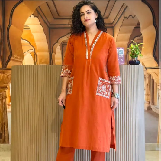 Orange Cotton Slub Kurti & Pant Set with White Thread Embroidery
