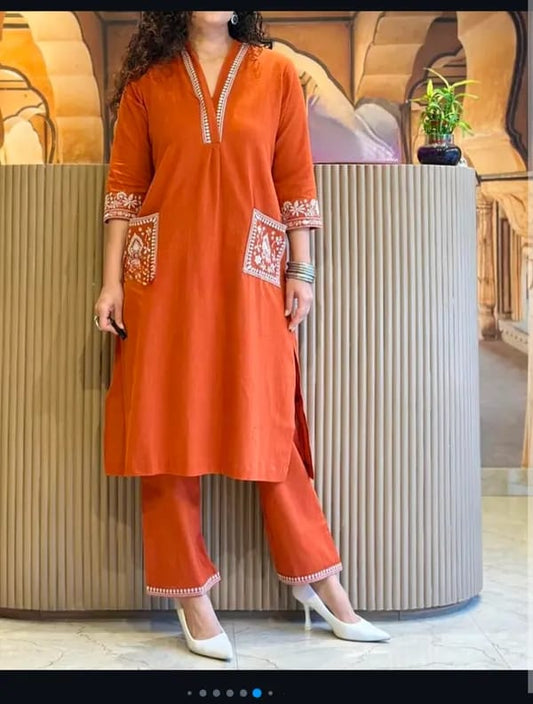 Orange Cotton Slub Kurti & Pant Set with White Thread Embroidery