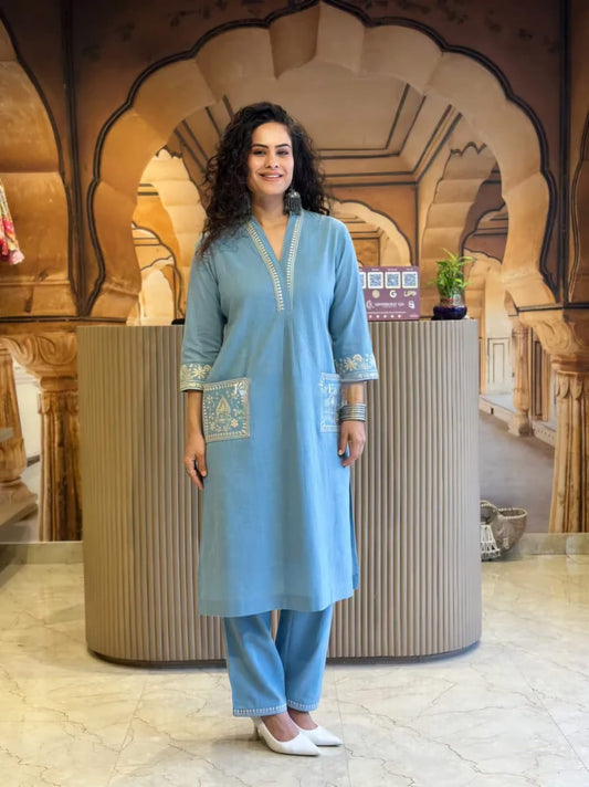Sky Blue Cotton Slub Kurti & Pant Set with White Thread Embroidery
