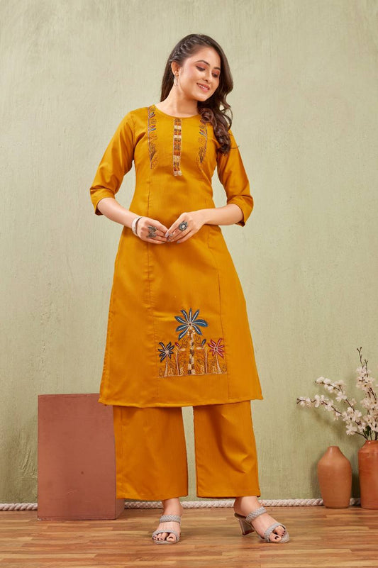 Comfortable Haldi Yellow Embroidered Kurti & Pant Set