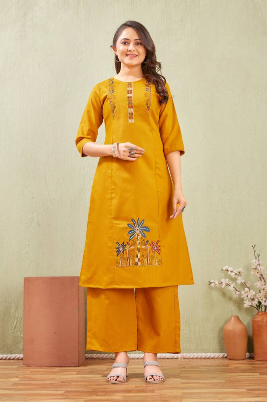 Comfortable Haldi Yellow Embroidered Kurti & Pant Set