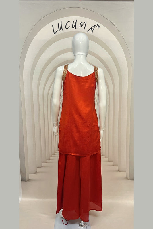 Gorgeous Orange Silk Spaghetti Sharara Suit