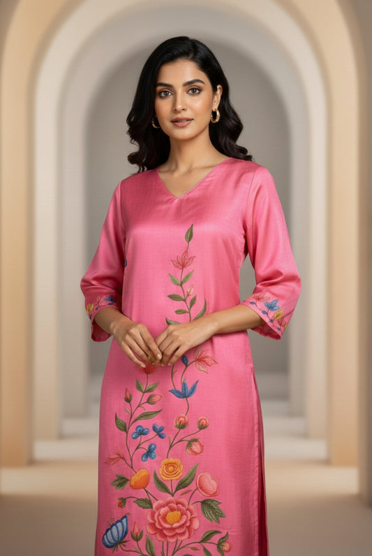 Pink Floral Smooth Glass Satin Daily Wear Set