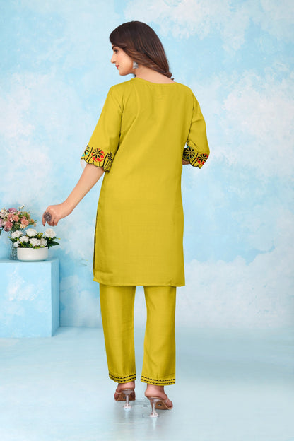 Bright Yellow Top and Pant Matching Set with Floral Embroidery
