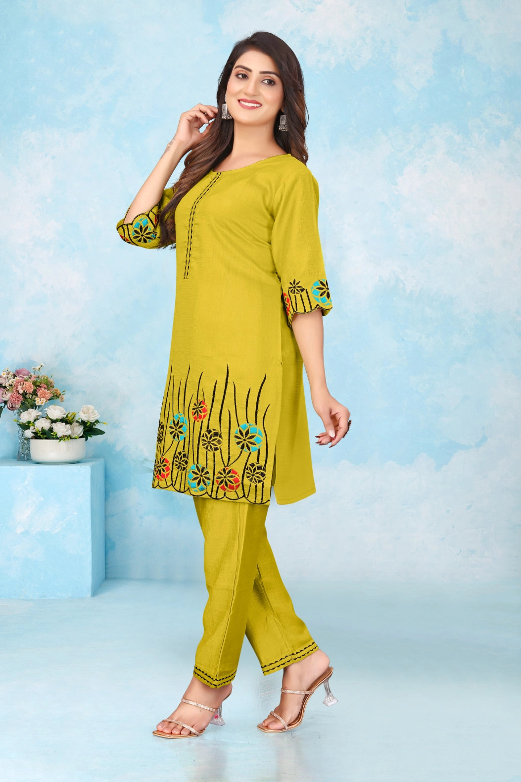 Bright Yellow Top and Pant Matching Set with Floral Embroidery