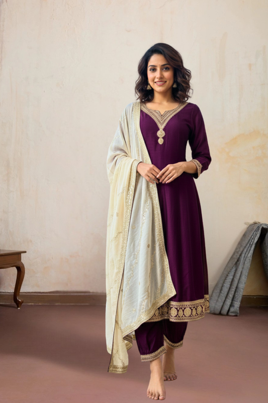Full-Length Anarkali Suit Set with Contrast Dupatta