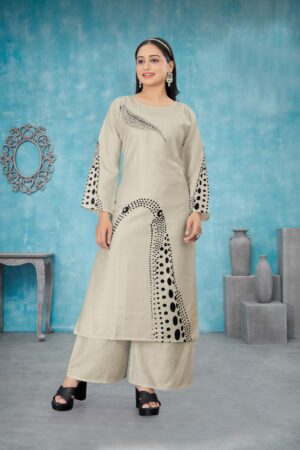 Comfortable Greyish Cream 2-Piece Kurti and Palazzos Set