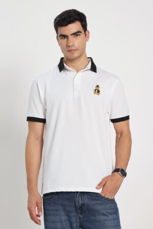 Premium White Polo T-Shirt with Black Collar and Bear Embroidery